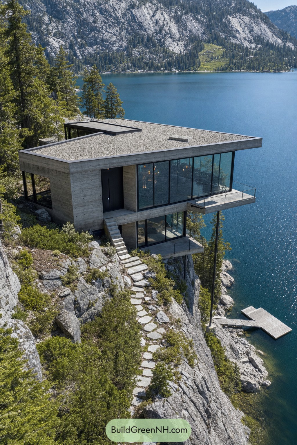 Modern cliffside lake house above blue alpine water