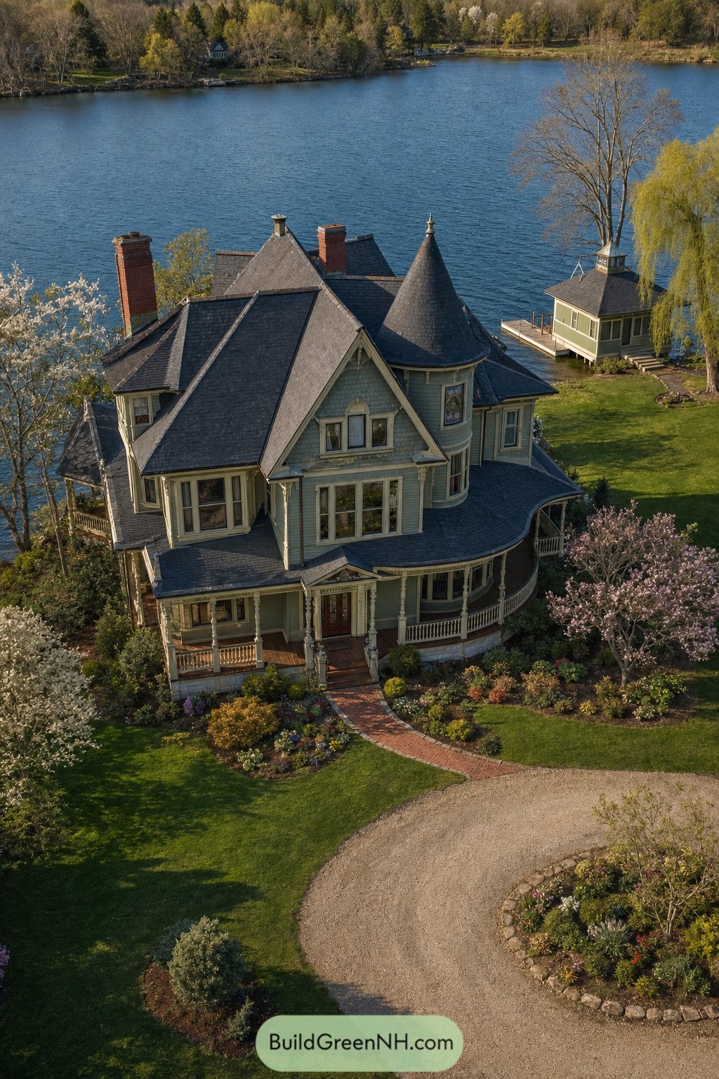 Victorian lake house with turret and wraparound porch