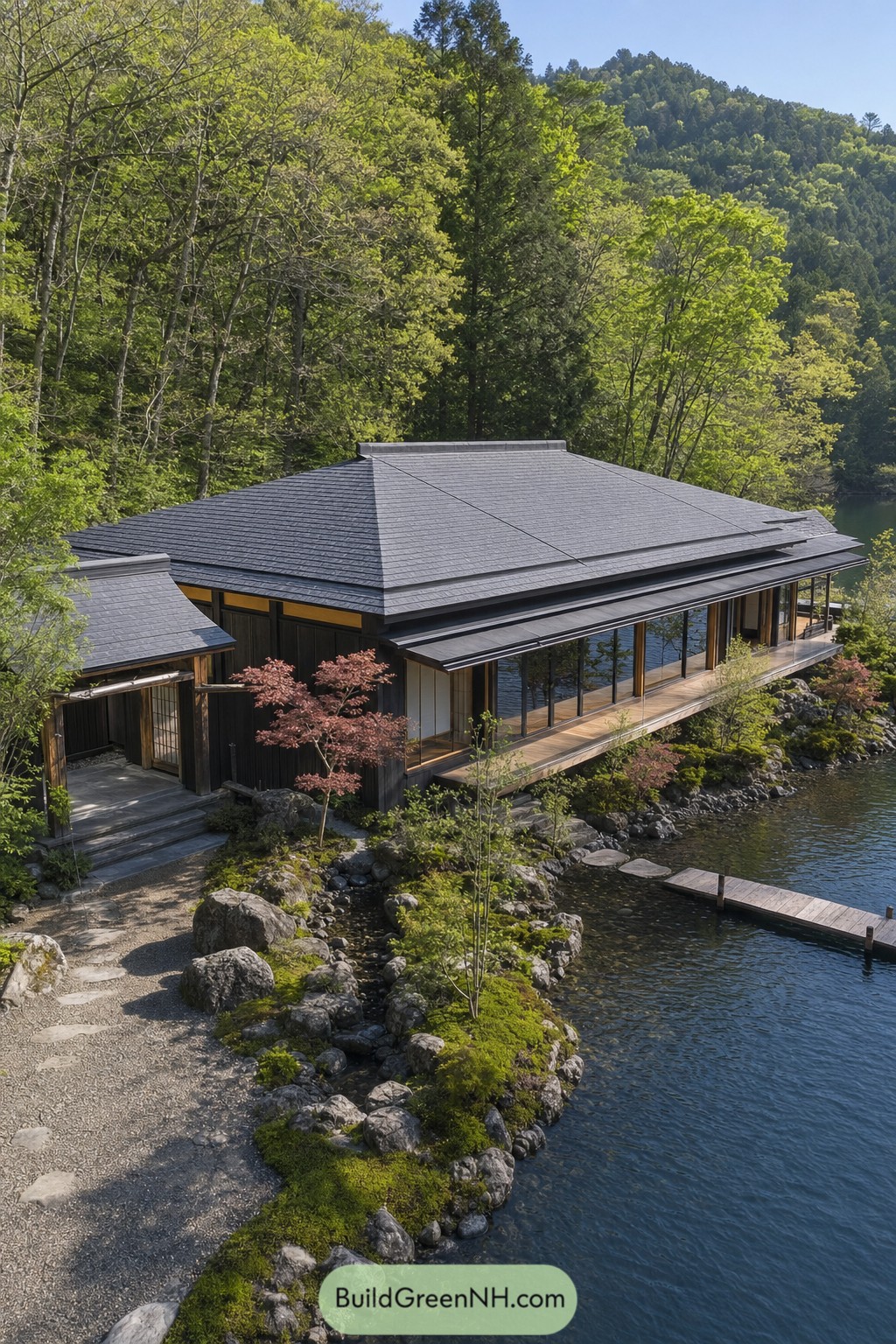 Japanese inspired lake house with dark roof