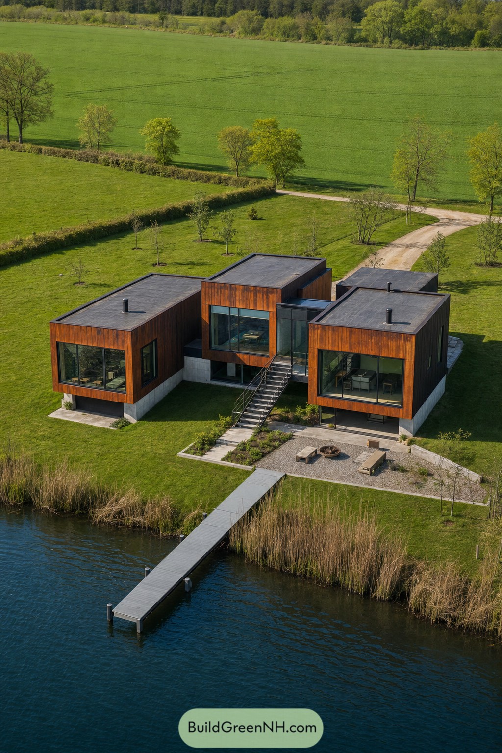Modern wood lake house with dock