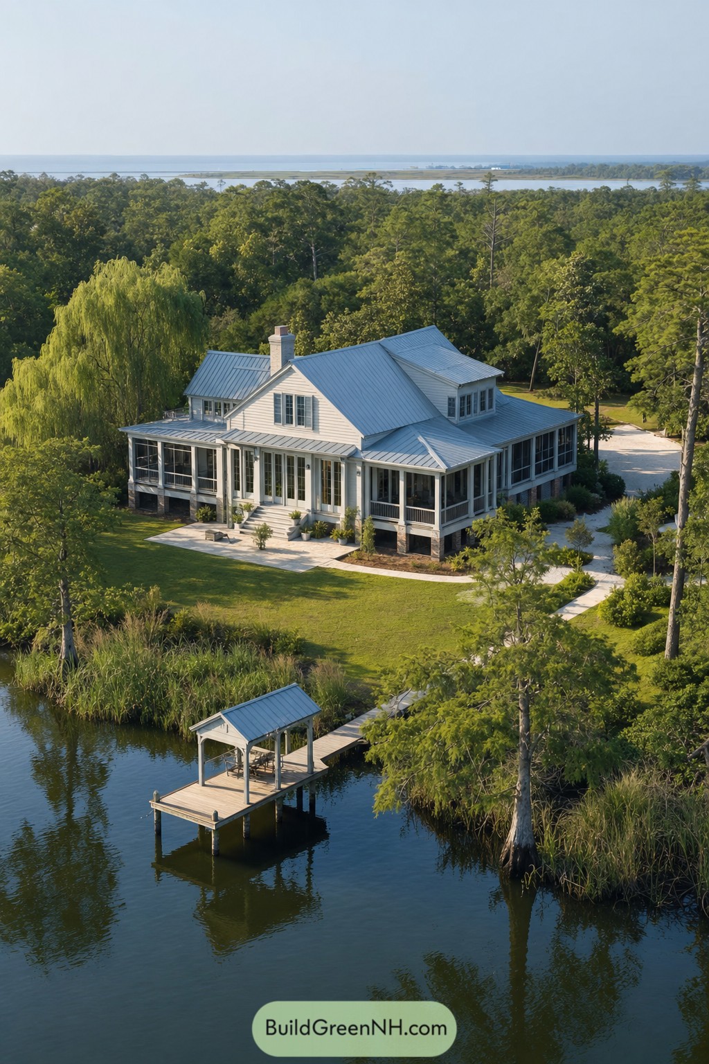 White lake house with dock and screened porches