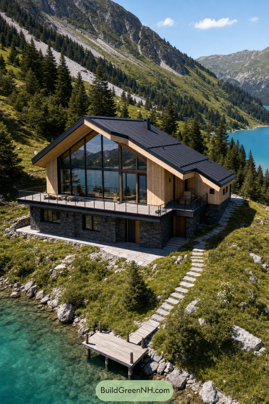Modern alpine lake house with glass gable and dock