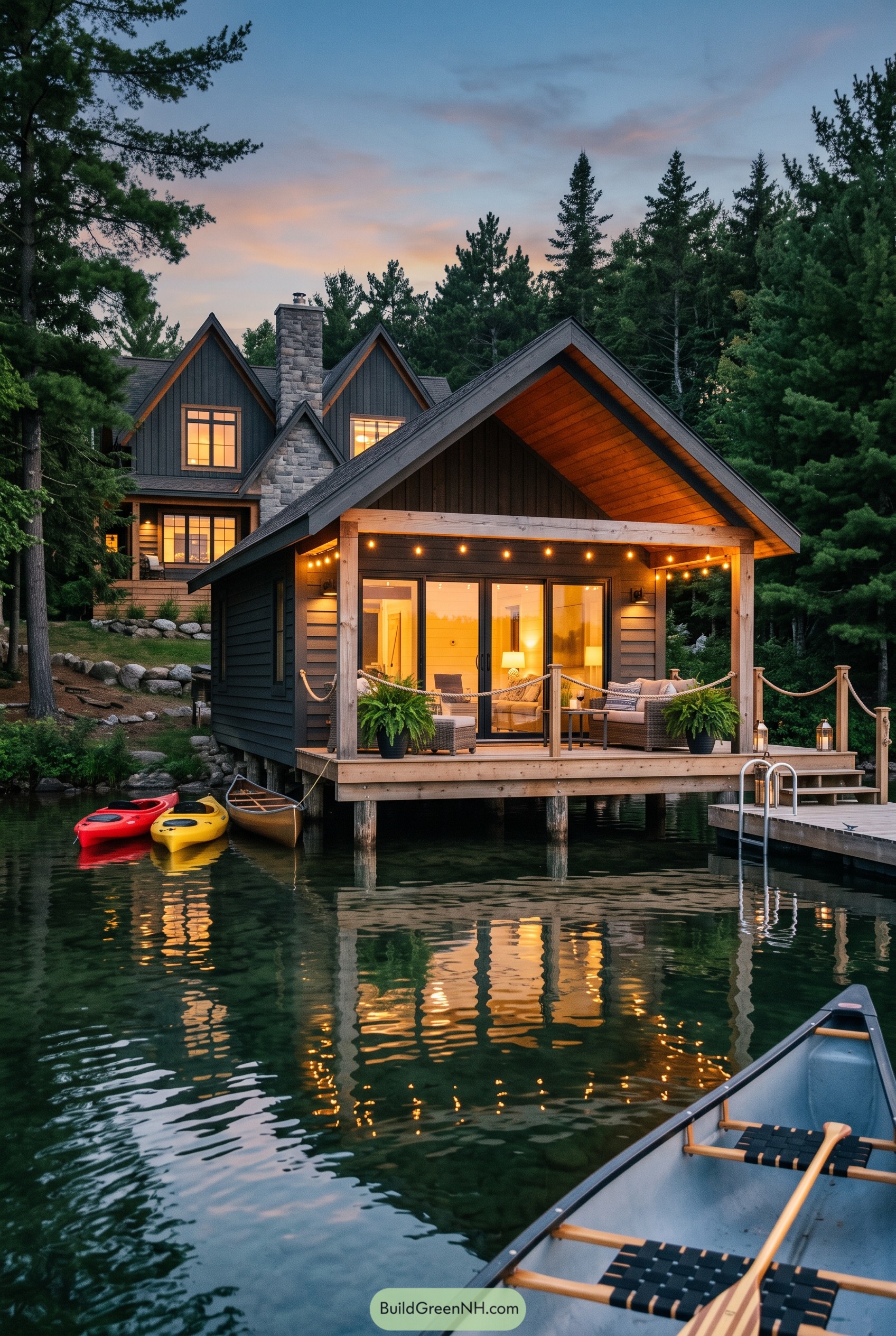Modern lakeside boathouse with deck and canoes at dusk