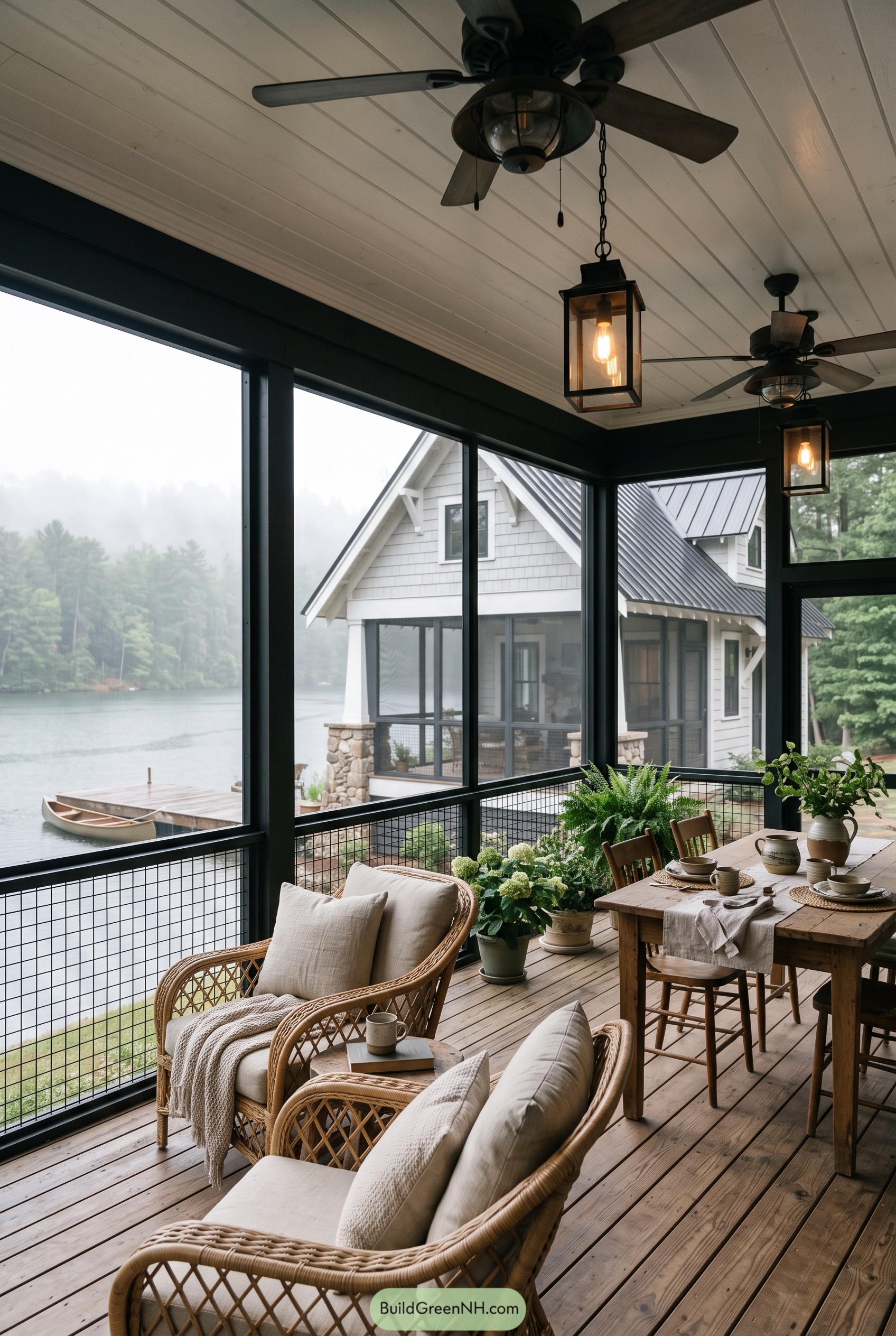 Screened lake porch with wicker seating