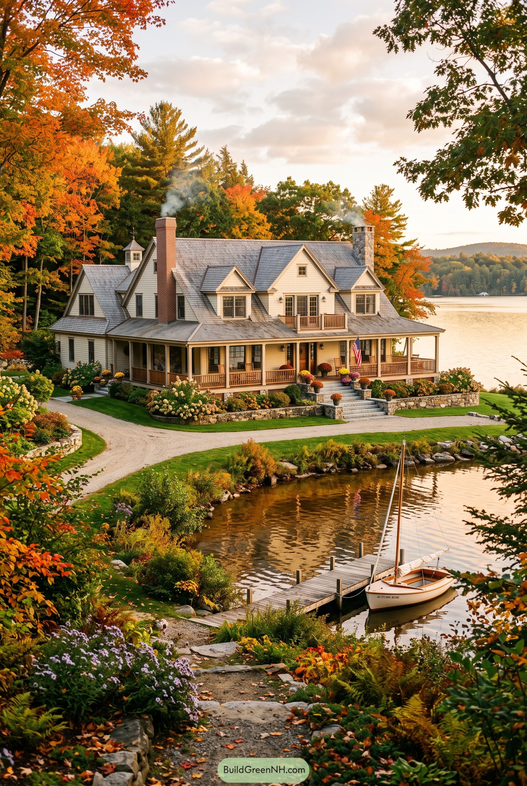Autumn lake house with porch and dock