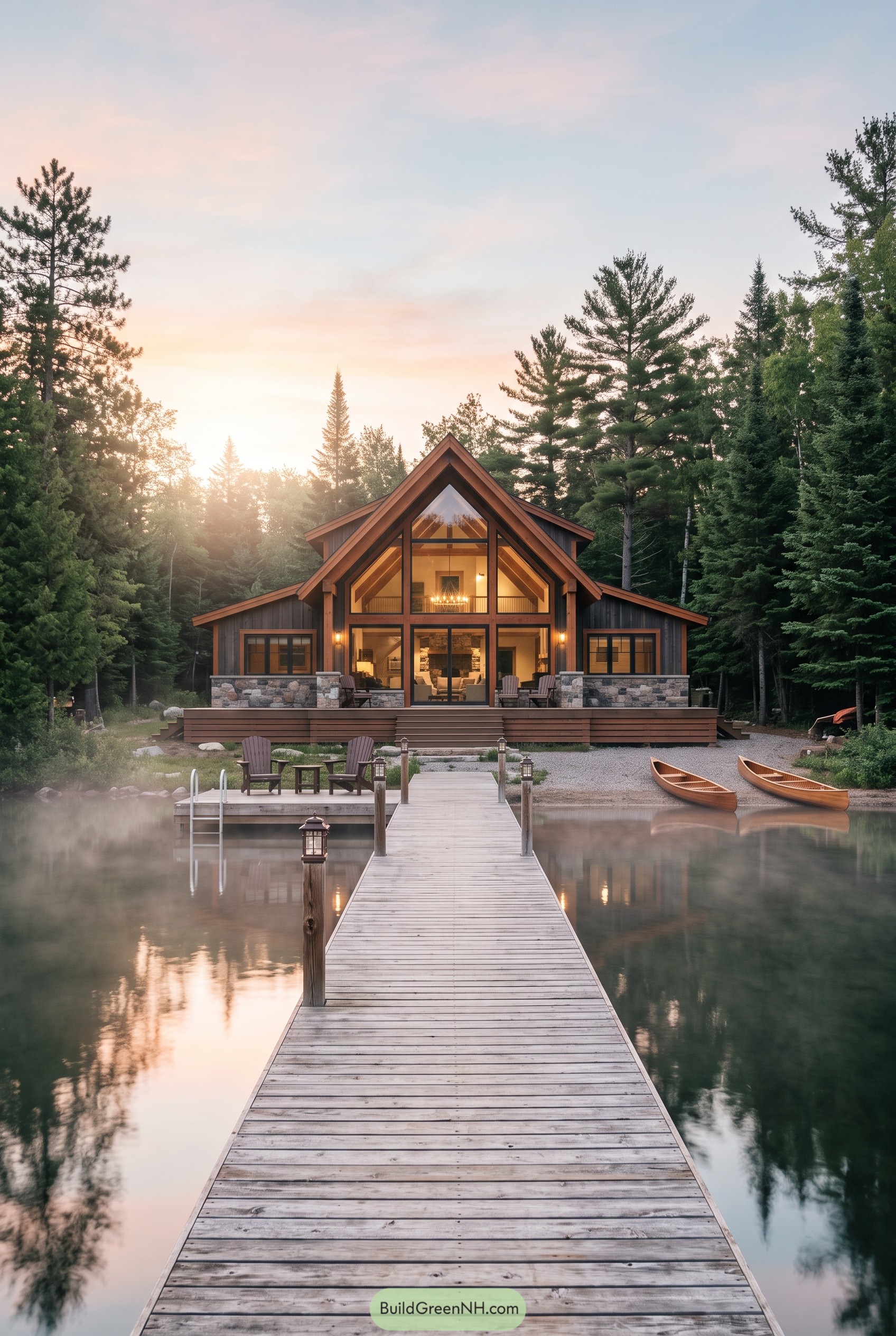 Peaked lake cabin with dock and canoes