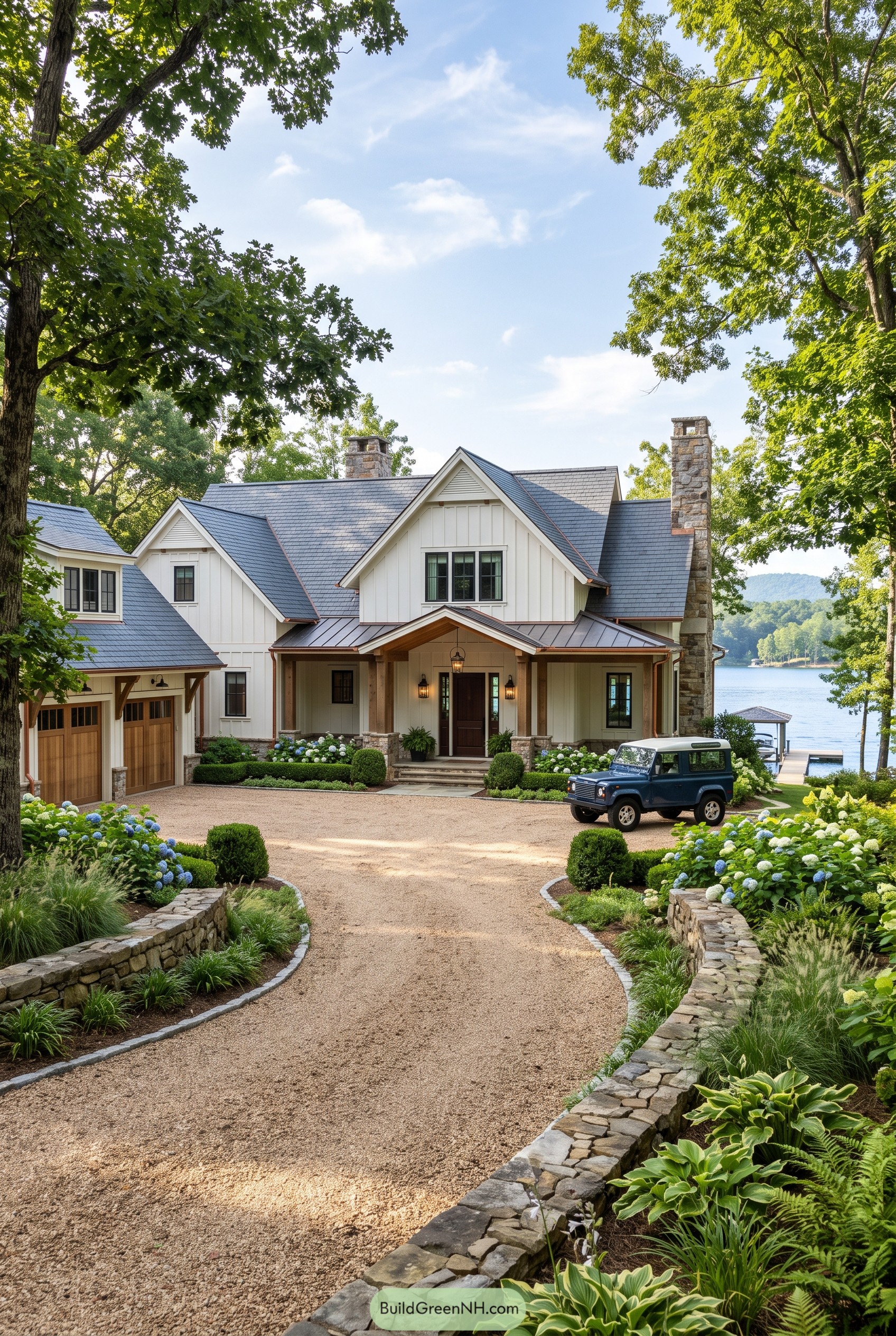 White lake house with slate roof and stone chimneys
