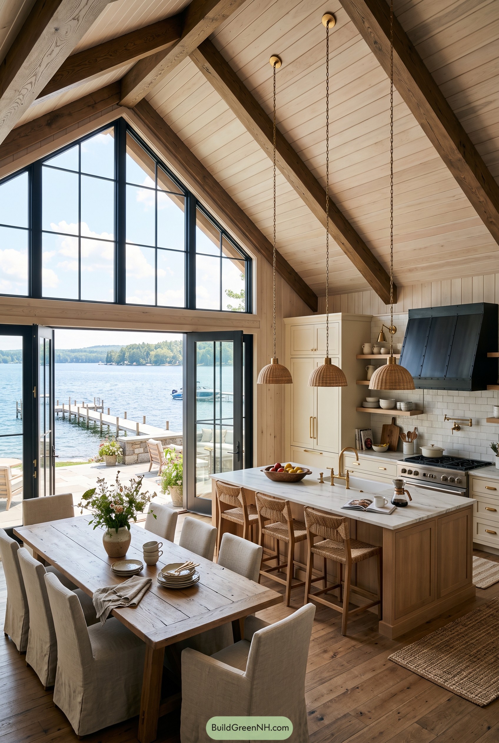Vaulted lake house kitchen with timber beams