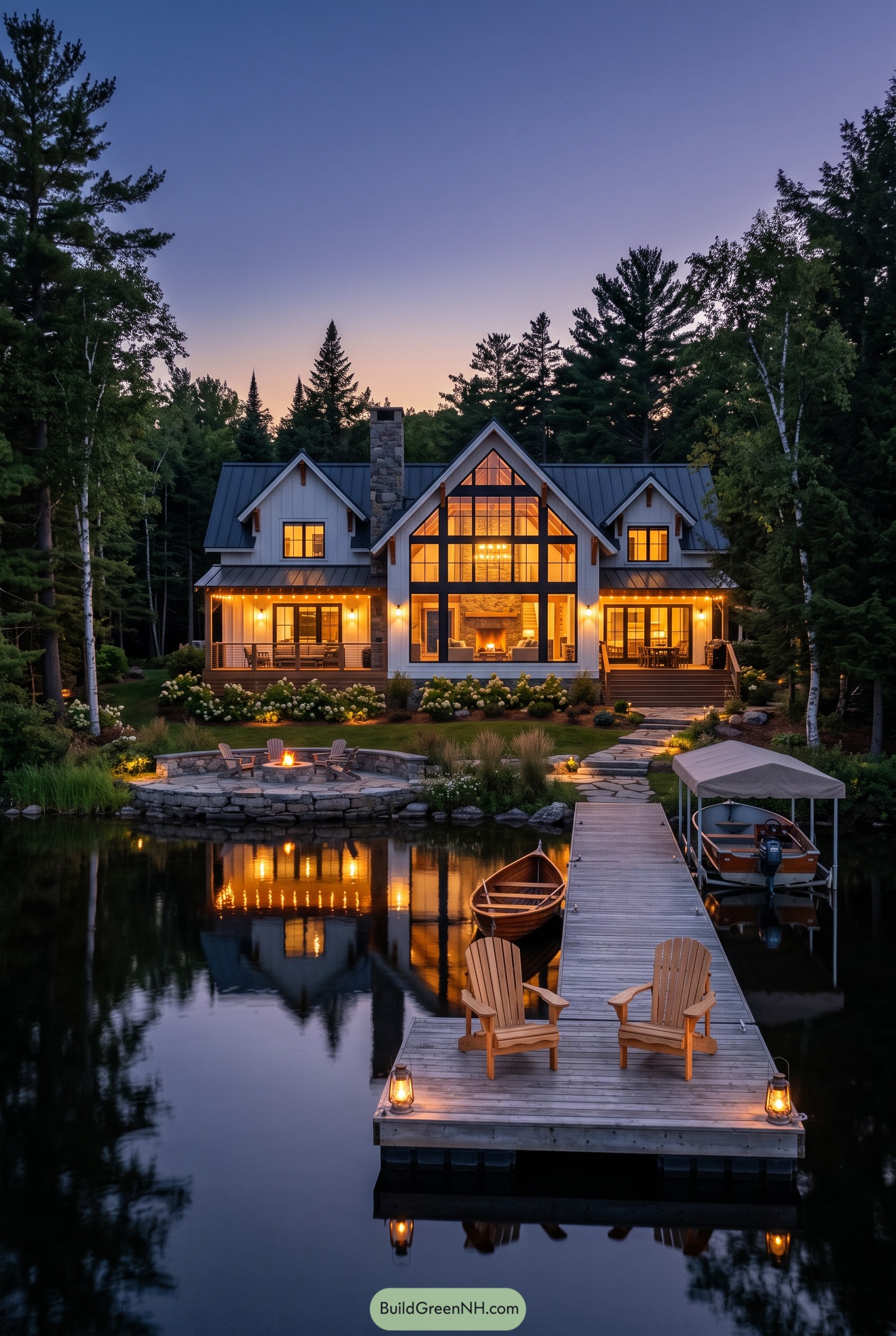 Gabled lake house with dock and fire pit