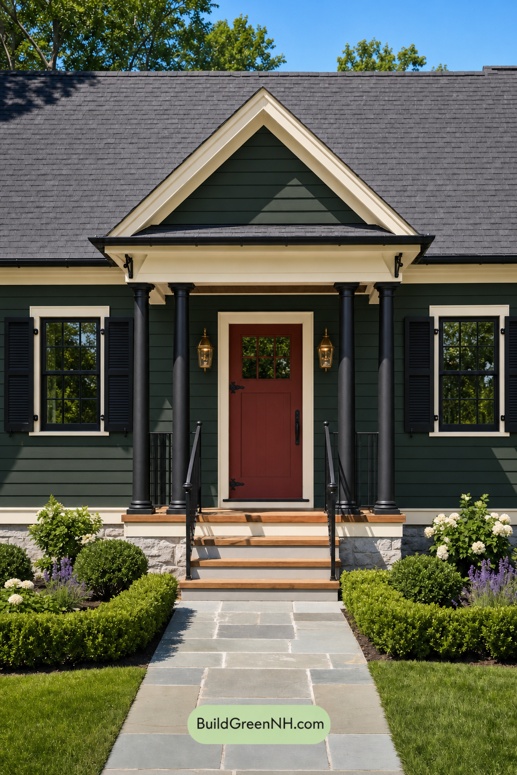 Earthy Green Cottage House Exterior Color Scheme: Bottle Green Lantern