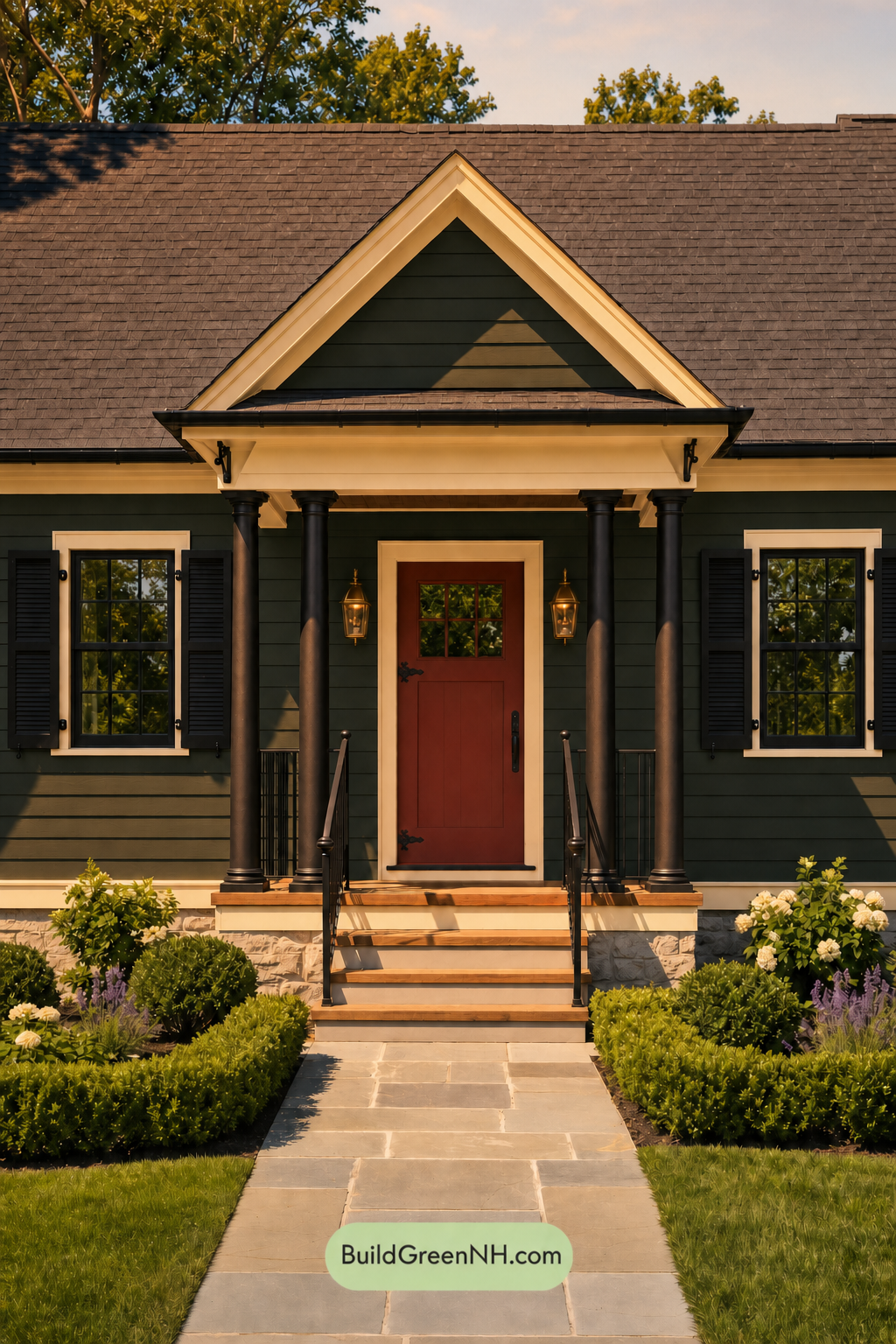 Earthy Green Cottage House Exterior Color Scheme: Bottle Green Lantern - Golden Hour