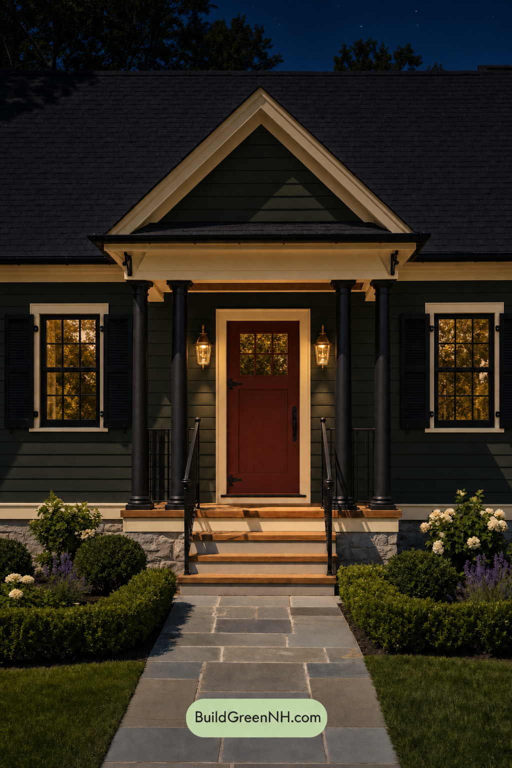 Earthy Green Cottage House Exterior Color Scheme: Bottle Green Lantern - Nighttime