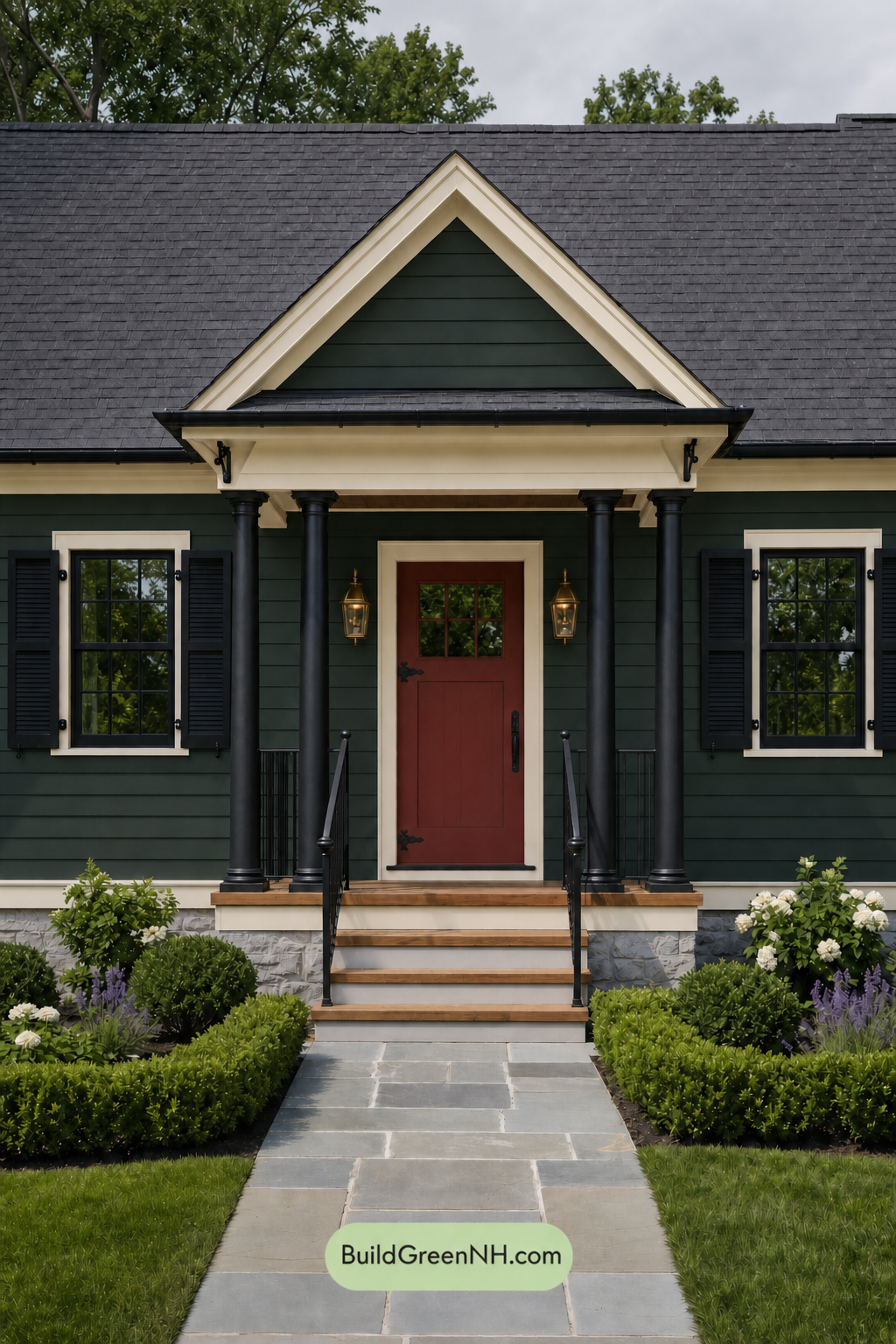Earthy Green Cottage House Exterior Color Scheme: Bottle Green Lantern - Overcast