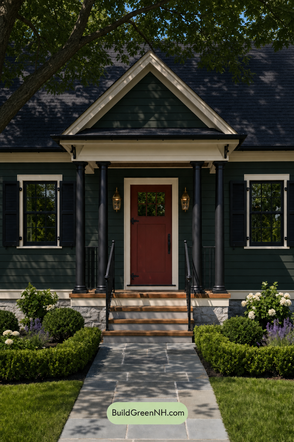 Earthy Green Cottage House Exterior Color Scheme: Bottle Green Lantern - Shade