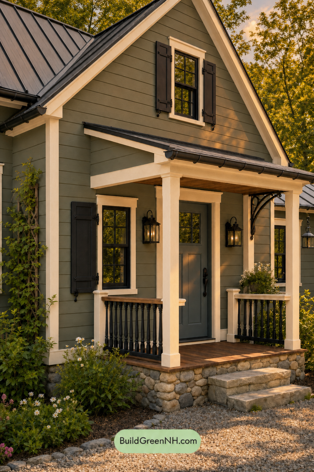 Earthy Green Cottage House Exterior Color Scheme: Cedar Green Ink - Golden Hour