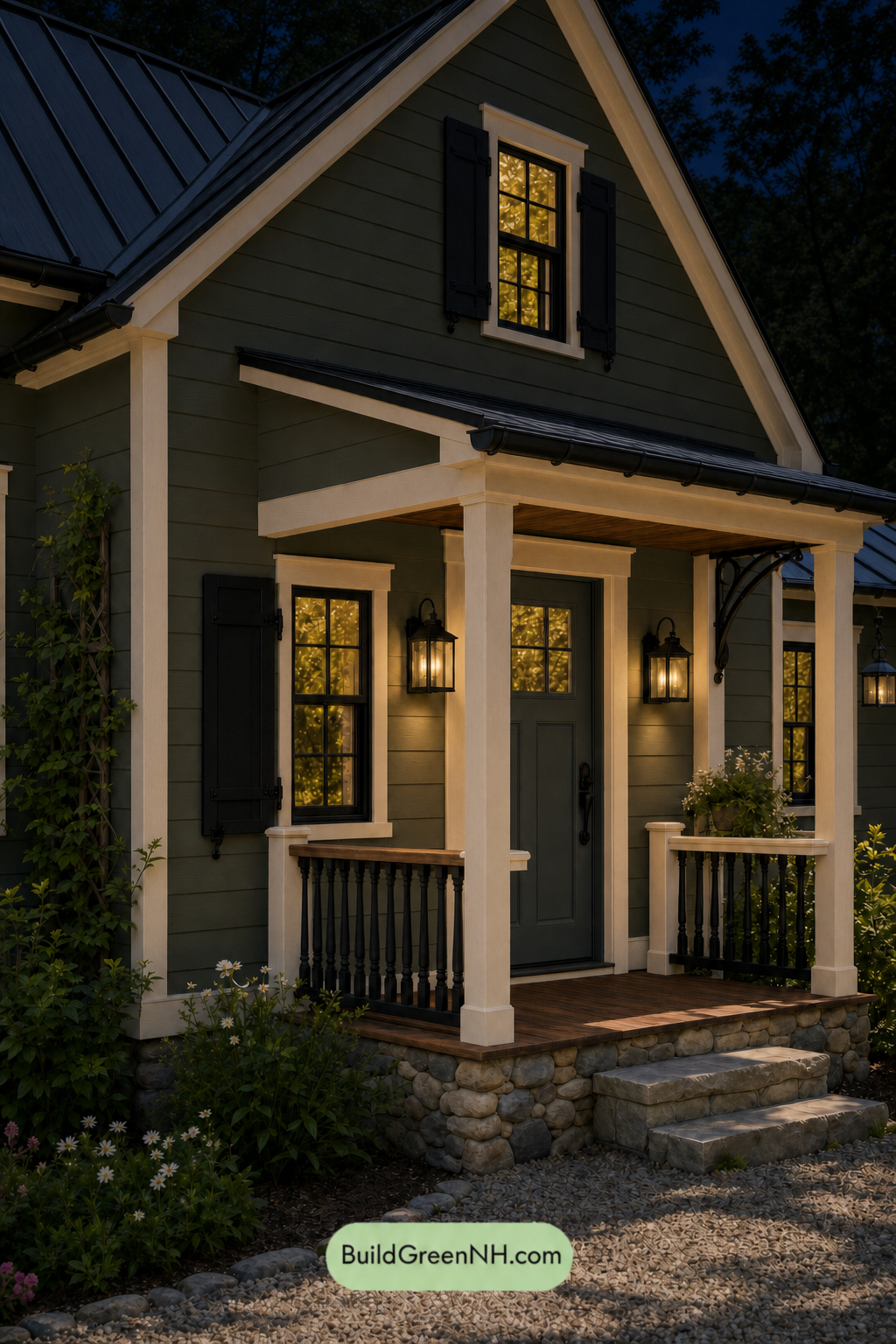 Earthy Green Cottage House Exterior Color Scheme: Cedar Green Ink - Nighttime