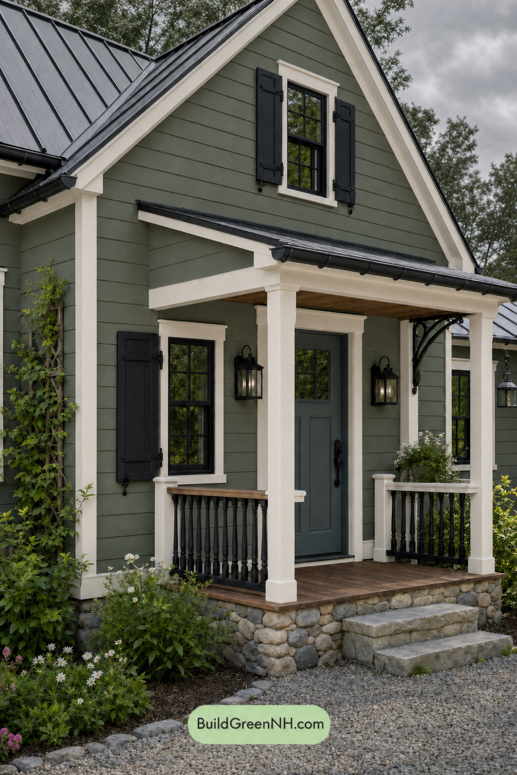 Earthy Green Cottage House Exterior Color Scheme: Cedar Green Ink - Overcast