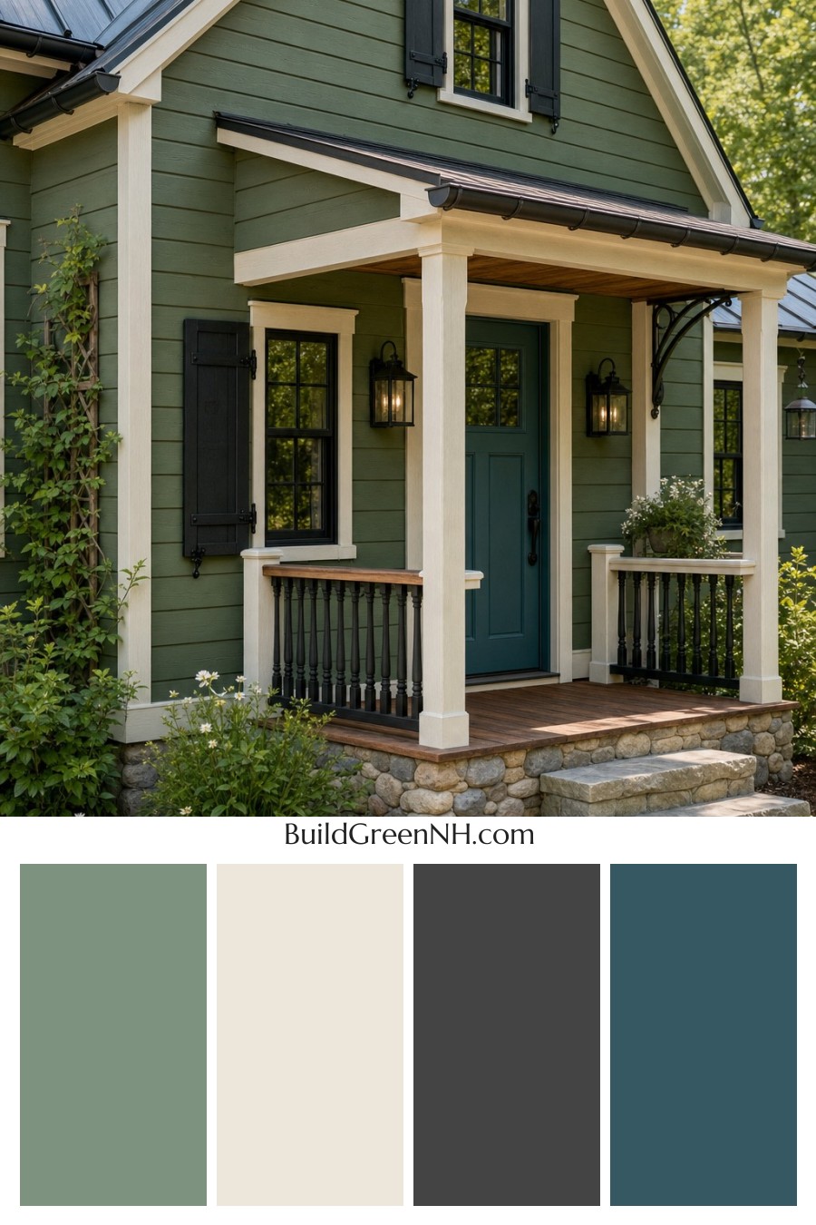 Earthy Green Cottage House Exterior Color Scheme: Cedar Green Ink