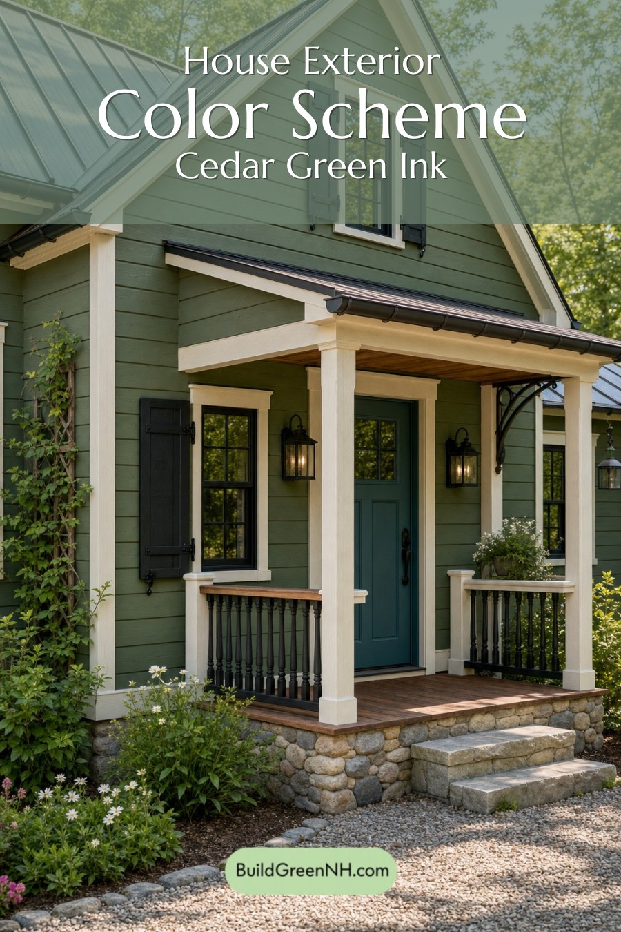 Earthy Green Cottage House Exterior Color Scheme: Cedar Green Ink