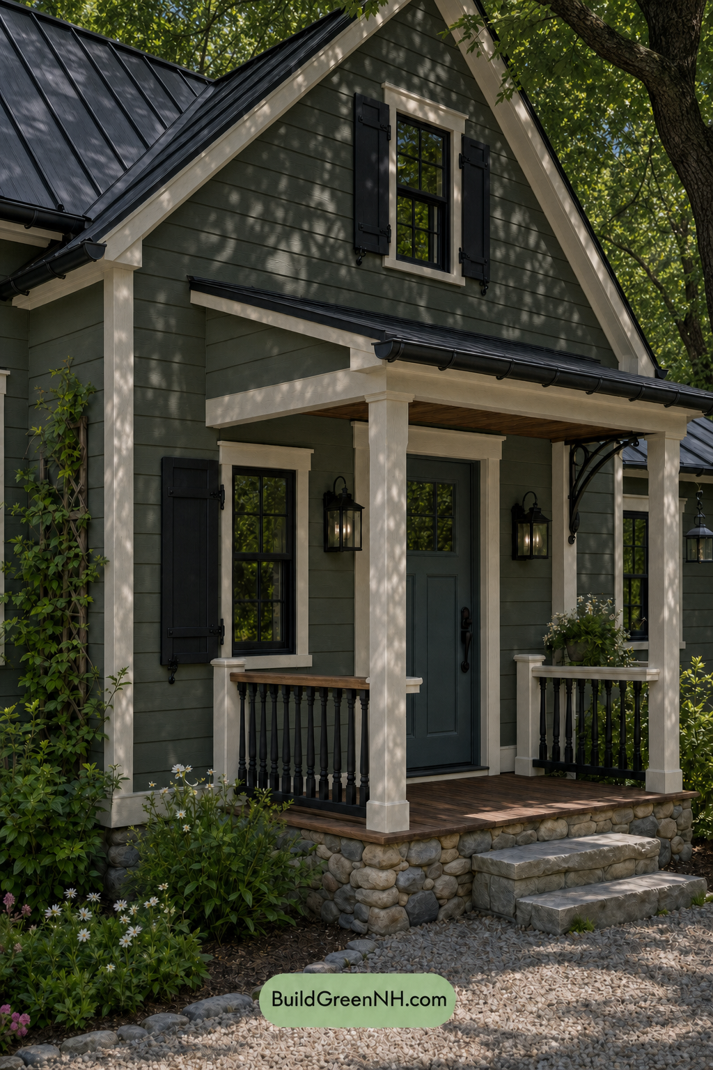 Earthy Green Cottage House Exterior Color Scheme: Cedar Green Ink - Shade