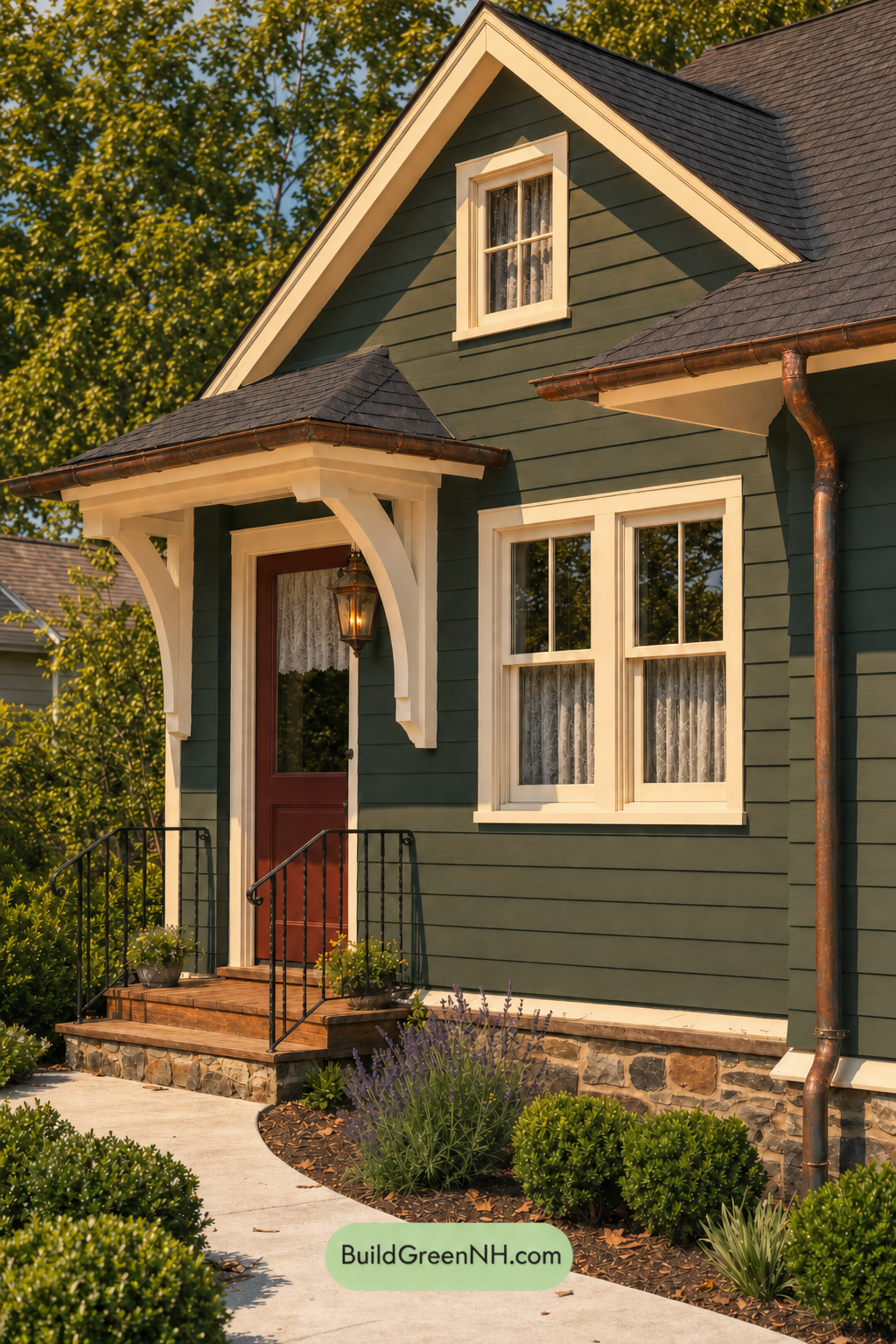 Earthy Green Cottage House Exterior Color Scheme: Deep Green Hearth - Golden Hour