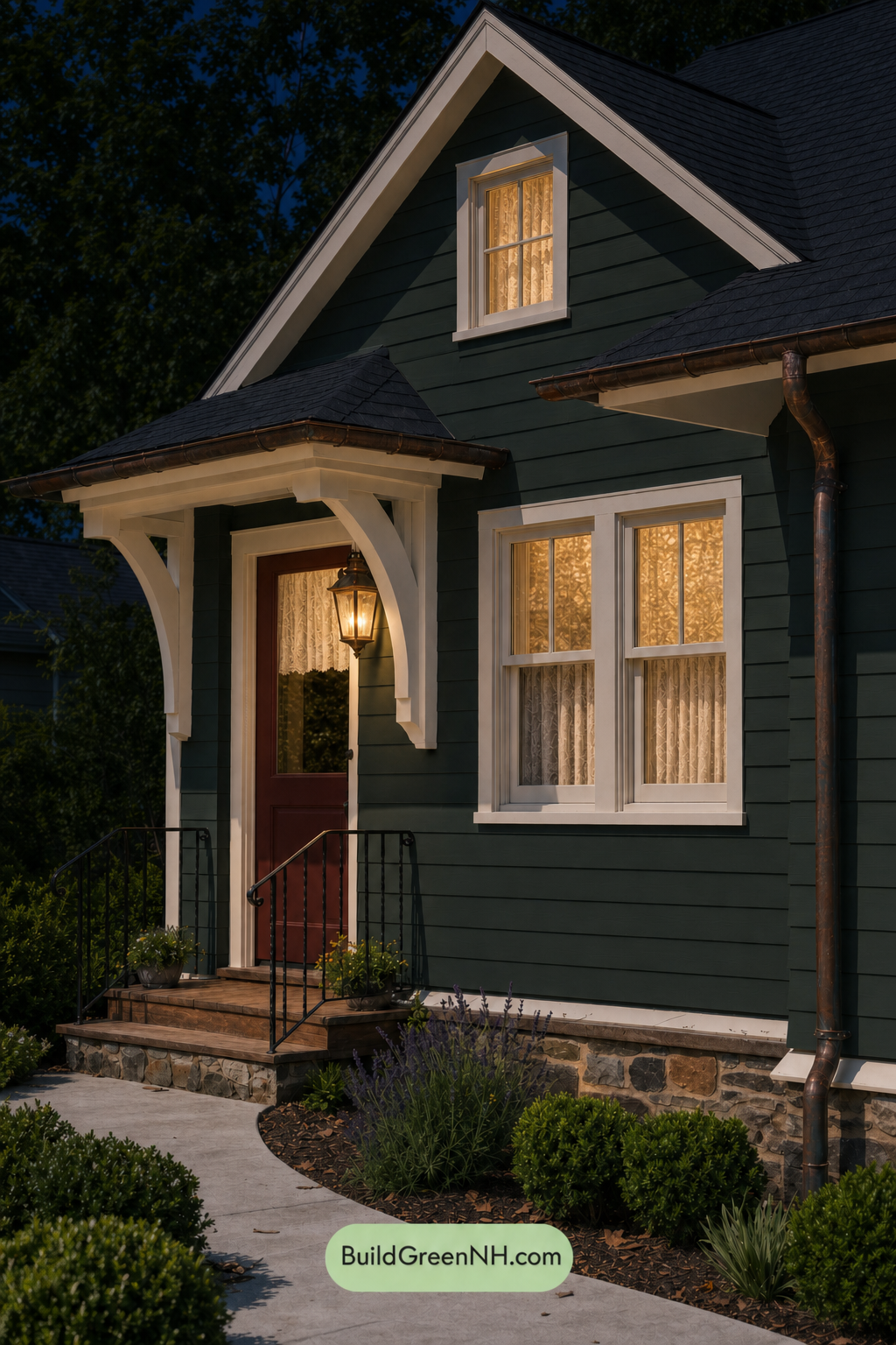 Earthy Green Cottage House Exterior Color Scheme: Deep Green Hearth - Nighttime