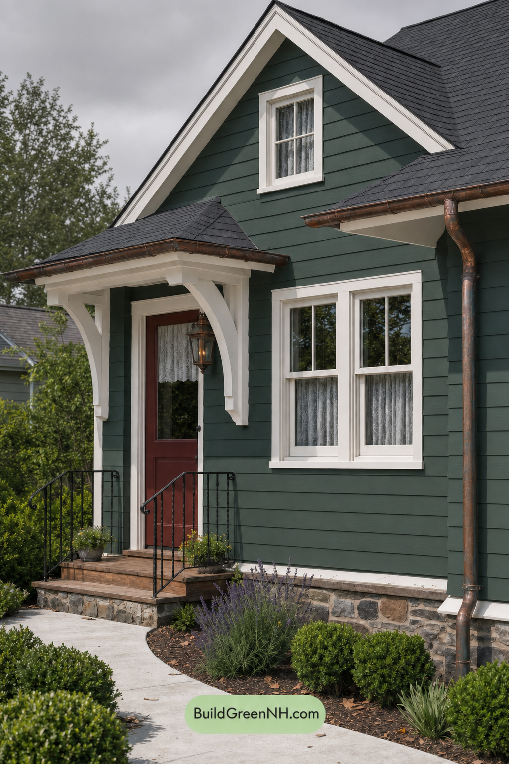 Earthy Green Cottage House Exterior Color Scheme: Deep Green Hearth - Overcast