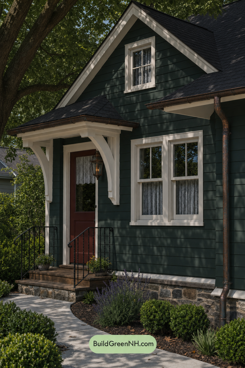 Earthy Green Cottage House Exterior Color Scheme: Deep Green Hearth - Shade