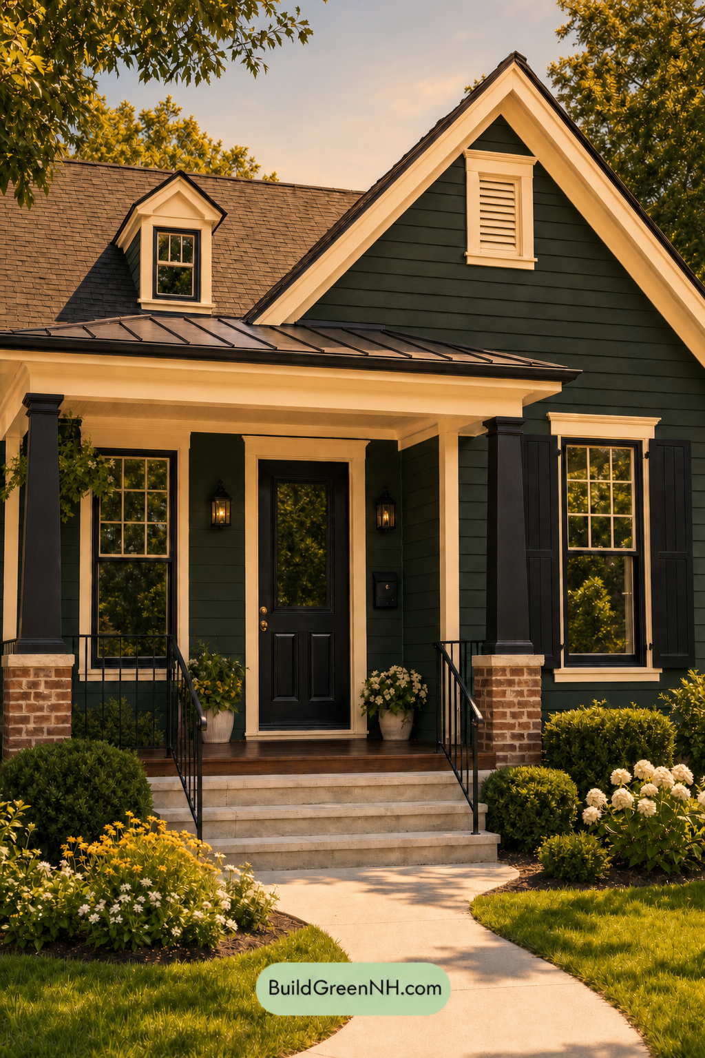 Earthy Green Cottage House Exterior Color Scheme: Emerald Pitch Black - Golden Hour