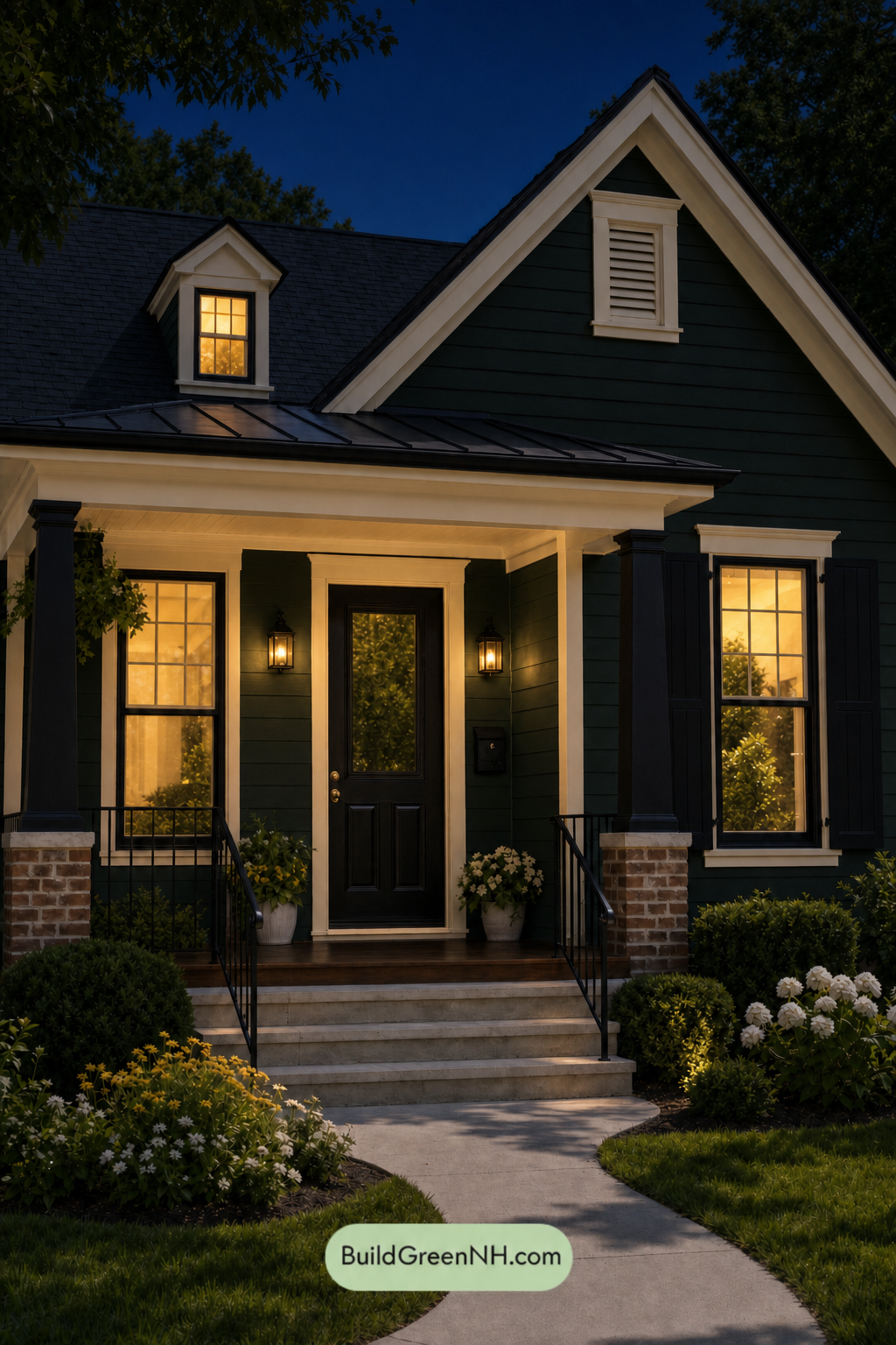 Earthy Green Cottage House Exterior Color Scheme: Emerald Pitch Black - Nighttime
