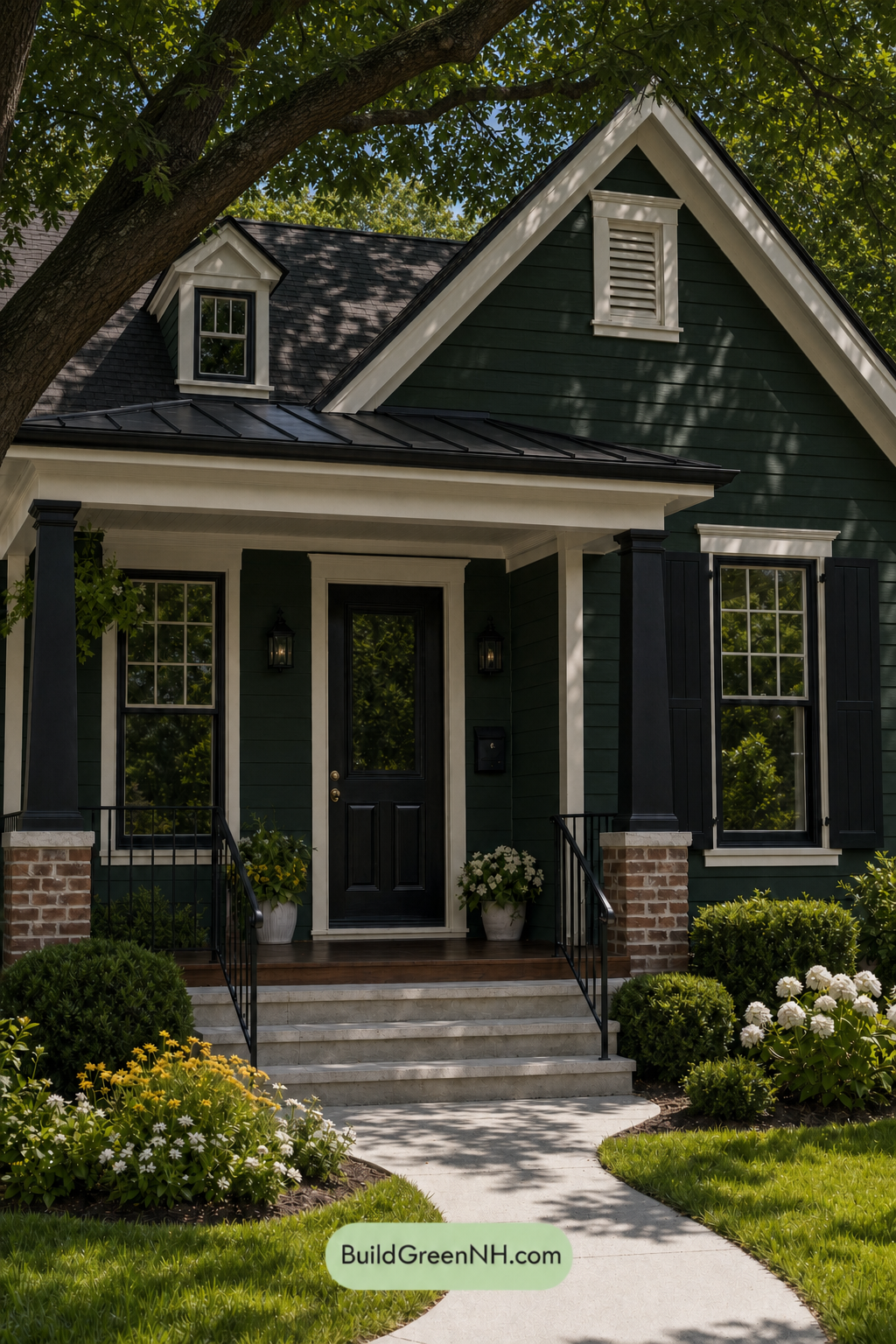 Earthy Green Cottage House Exterior Color Scheme: Emerald Pitch Black - Shade