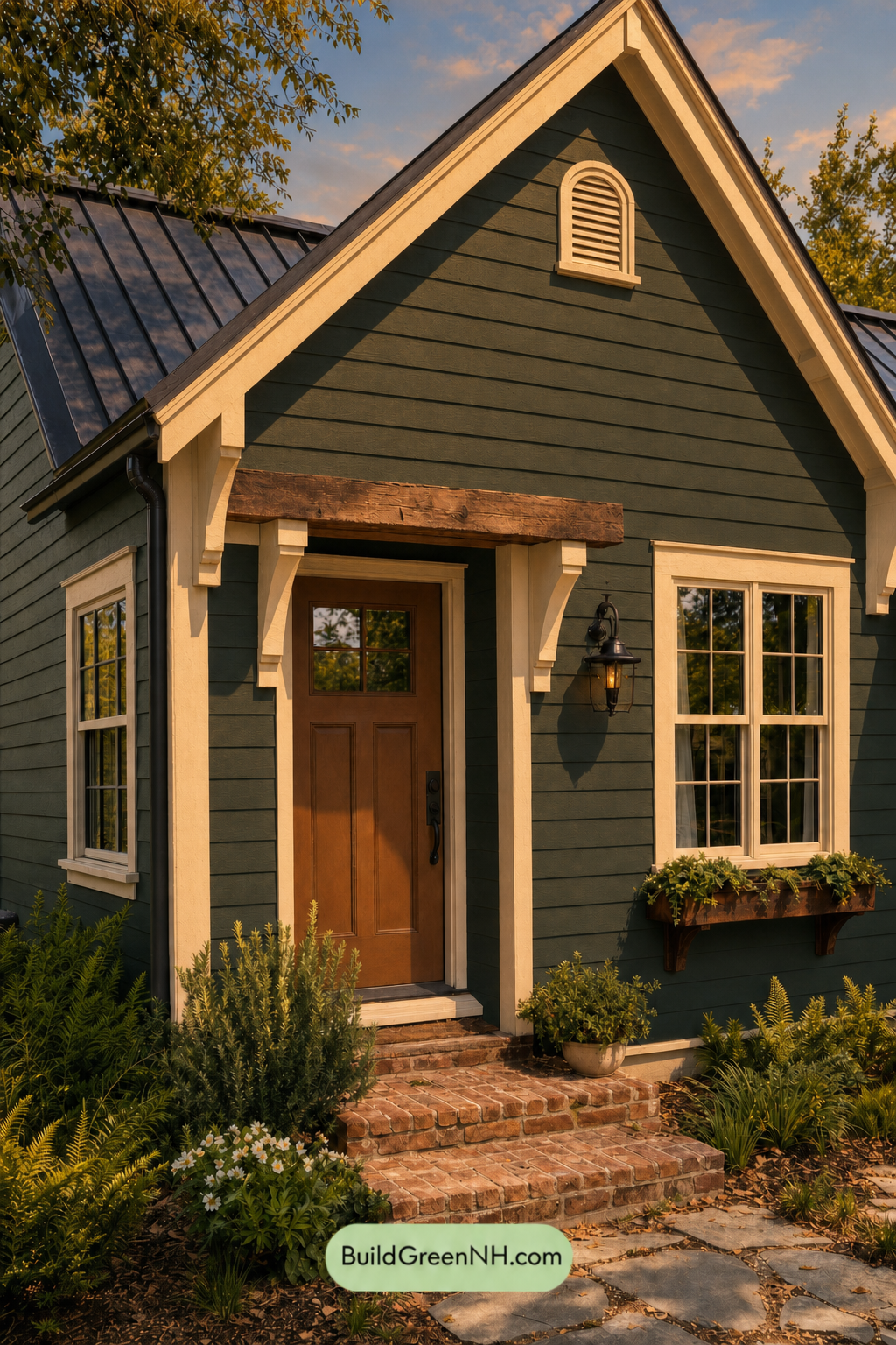 Earthy Green Cottage House Exterior Color Scheme: Fern Umber Cottage - Golden Hour
