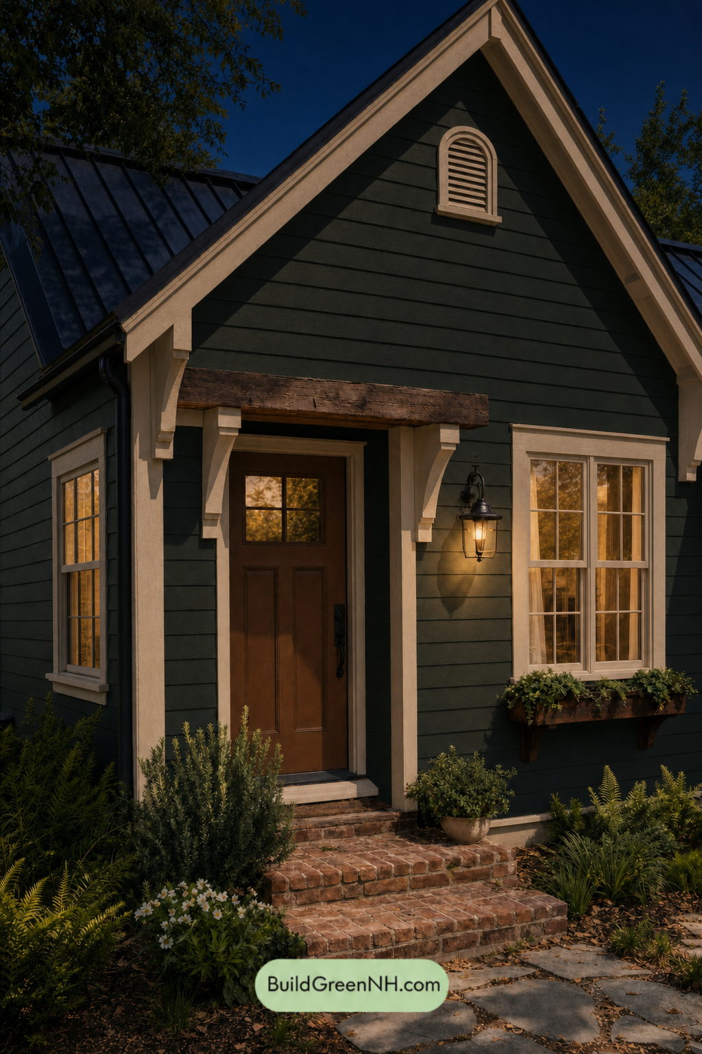 Earthy Green Cottage House Exterior Color Scheme: Fern Umber Cottage - Nighttime