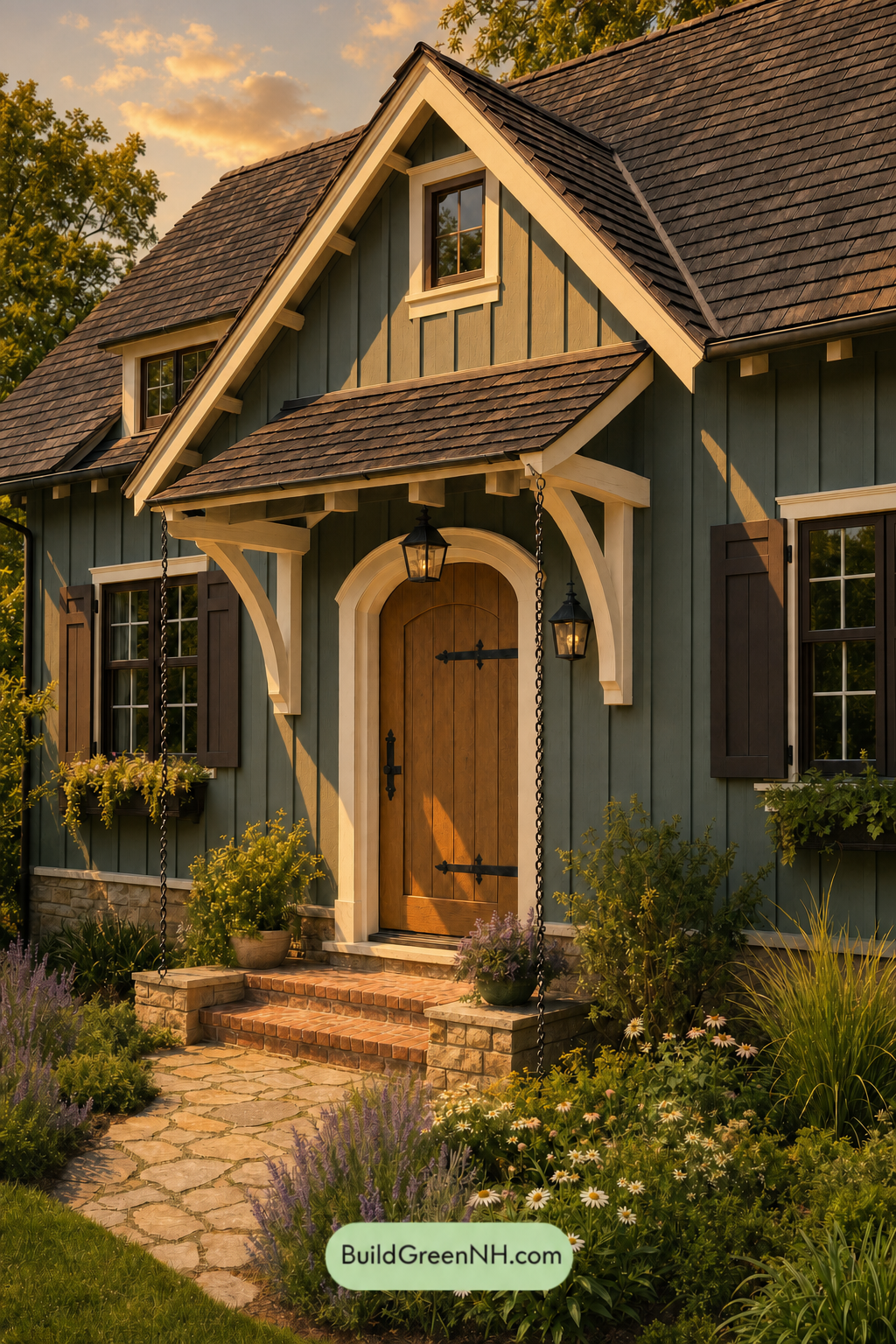 Earthy Green Cottage House Exterior Color Scheme: Juniper Cream Shadow - Golden Hour
