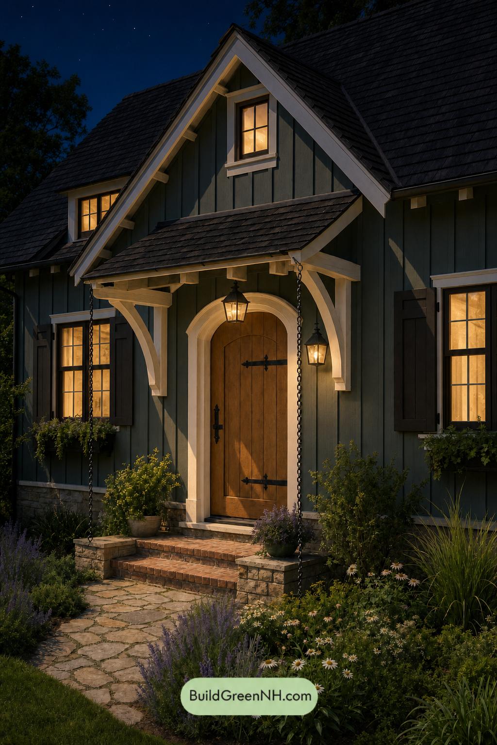 Earthy Green Cottage House Exterior Color Scheme: Juniper Cream Shadow - Nighttime