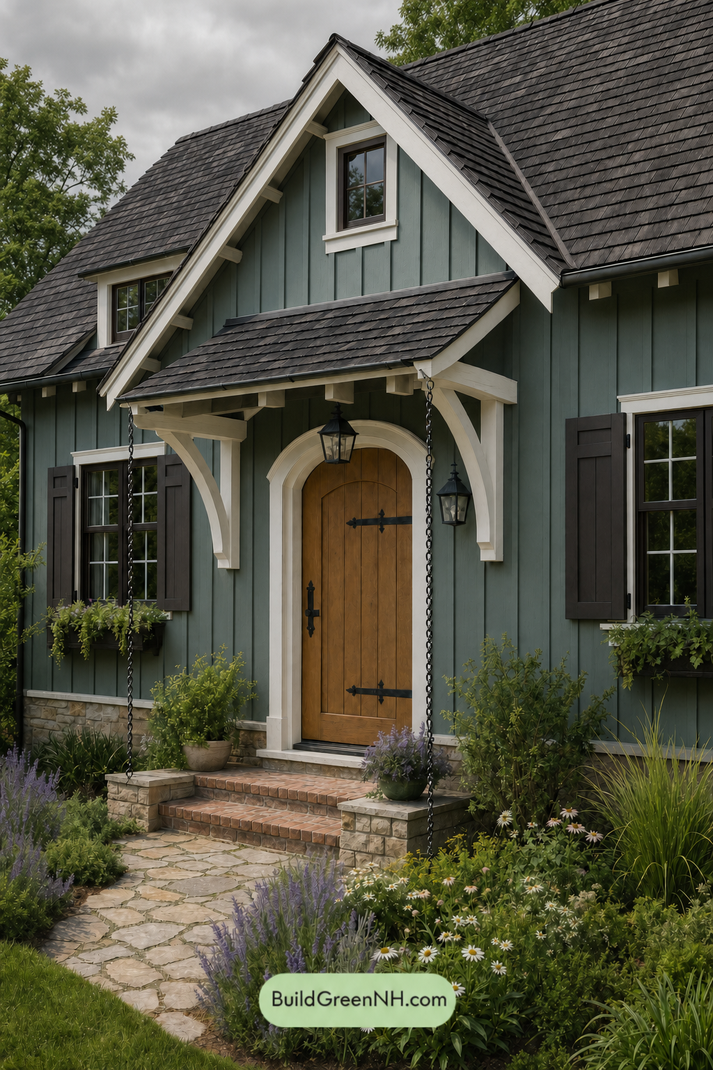 Earthy Green Cottage House Exterior Color Scheme: Juniper Cream Shadow - Overcast