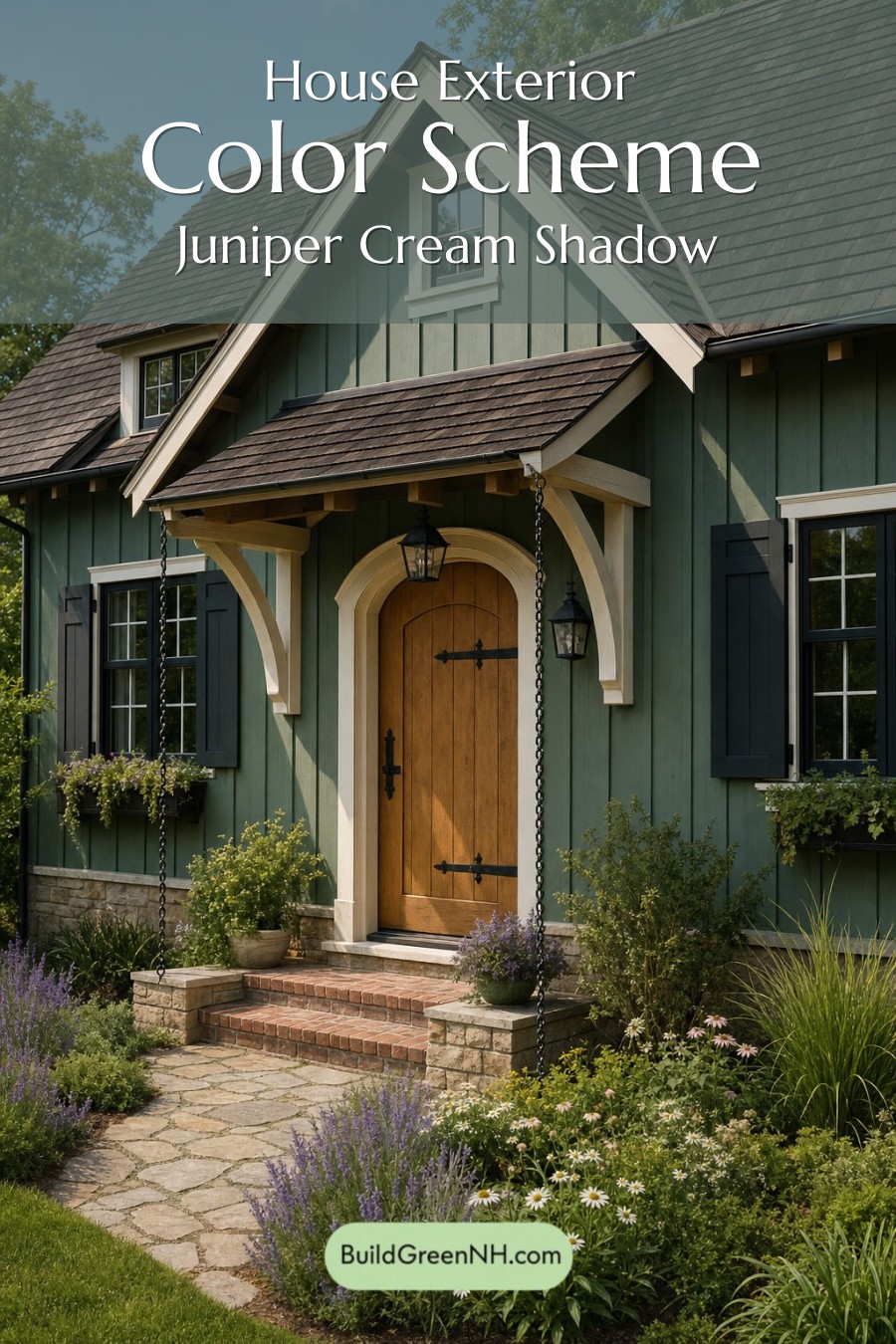 Earthy Green Cottage House Exterior Color Scheme: Juniper Cream Shadow