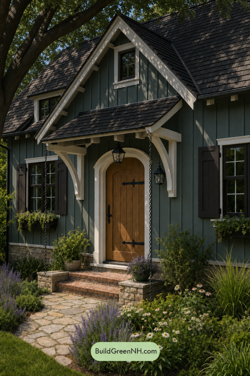 Earthy Green Cottage House Exterior Color Scheme: Juniper Cream Shadow - Shade