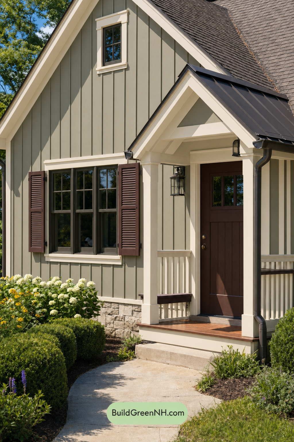 Earthy Green Cottage House Exterior Color Scheme: Khaki Thistle Trim