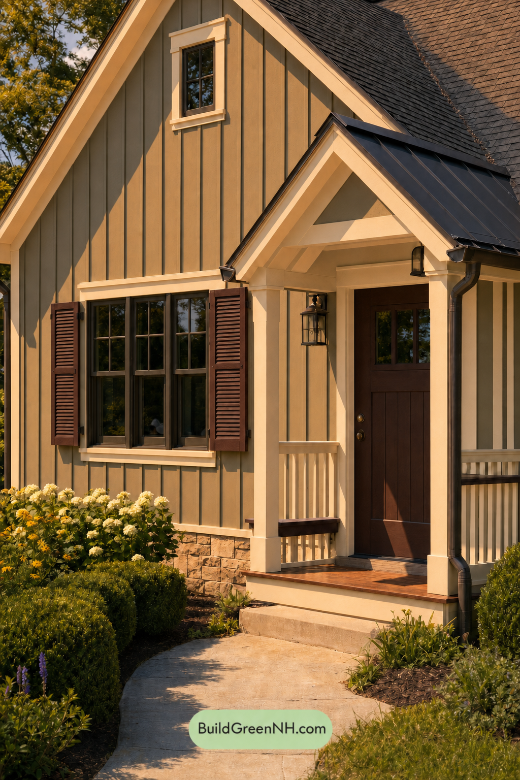 Earthy Green Cottage House Exterior Color Scheme: Khaki Thistle Trim - Golden Hour