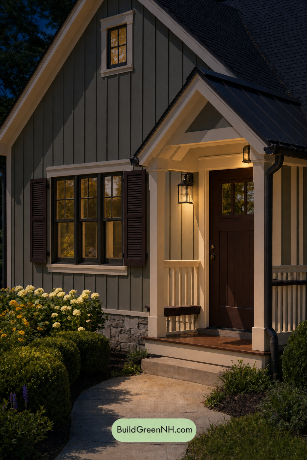 Earthy Green Cottage House Exterior Color Scheme: Khaki Thistle Trim - Nighttime