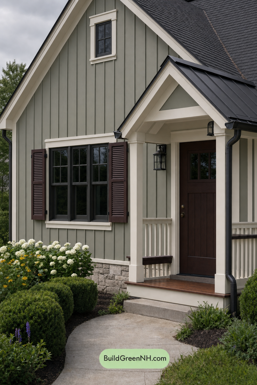 Earthy Green Cottage House Exterior Color Scheme: Khaki Thistle Trim - Overcast