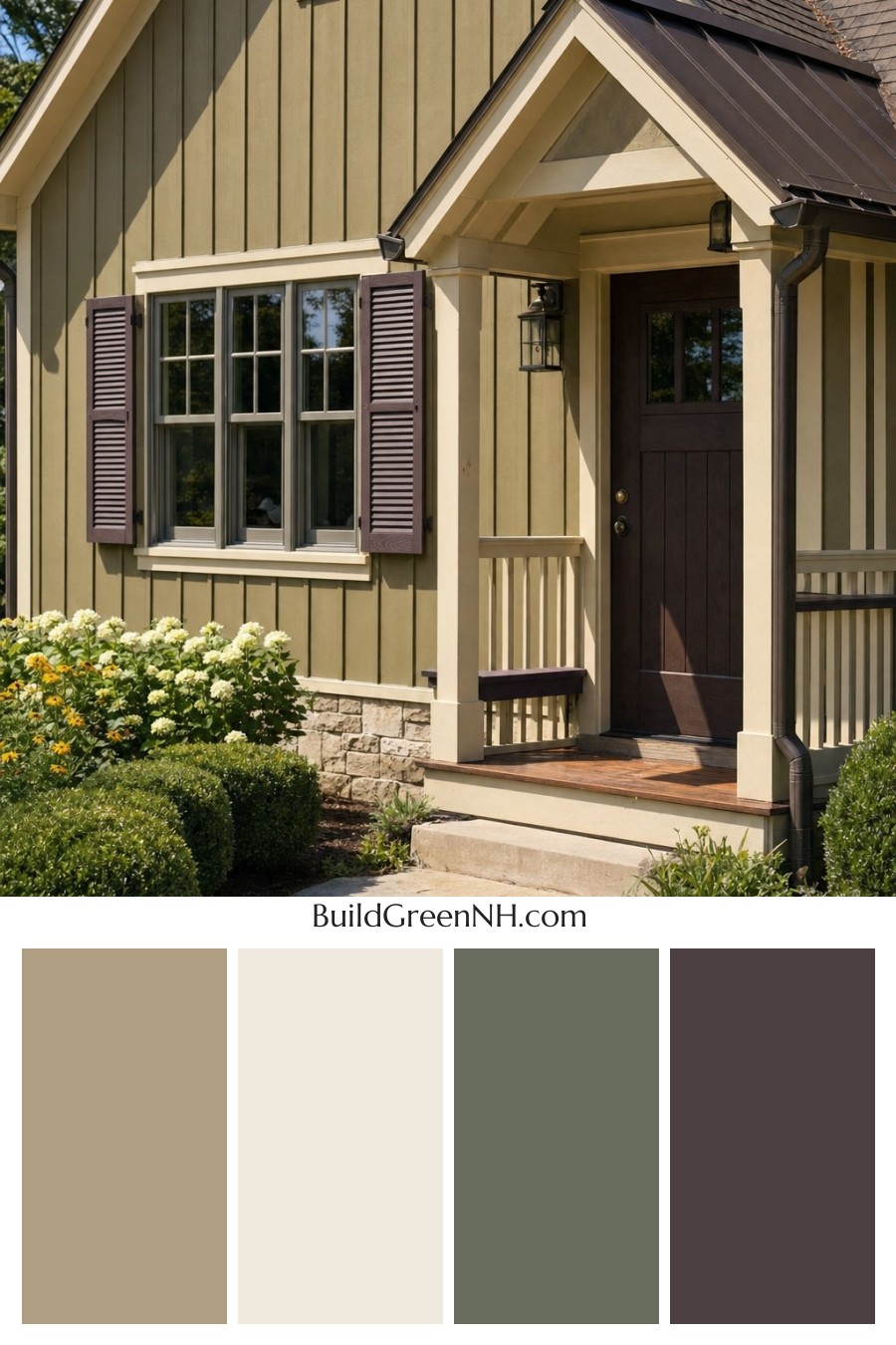 Earthy Green Cottage House Exterior Color Scheme: Khaki Thistle Trim