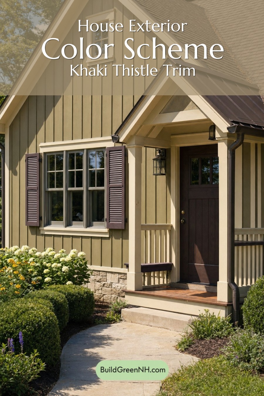 Earthy Green Cottage House Exterior Color Scheme: Khaki Thistle Trim