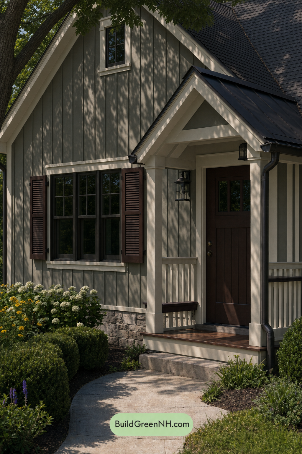 Earthy Green Cottage House Exterior Color Scheme: Khaki Thistle Trim - Shade