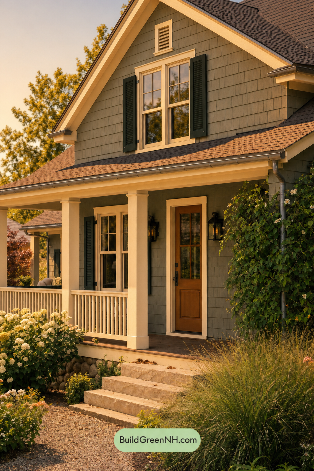 Earthy Green Cottage House Exterior Color Scheme: Lichen Almond Light - Golden Hour
