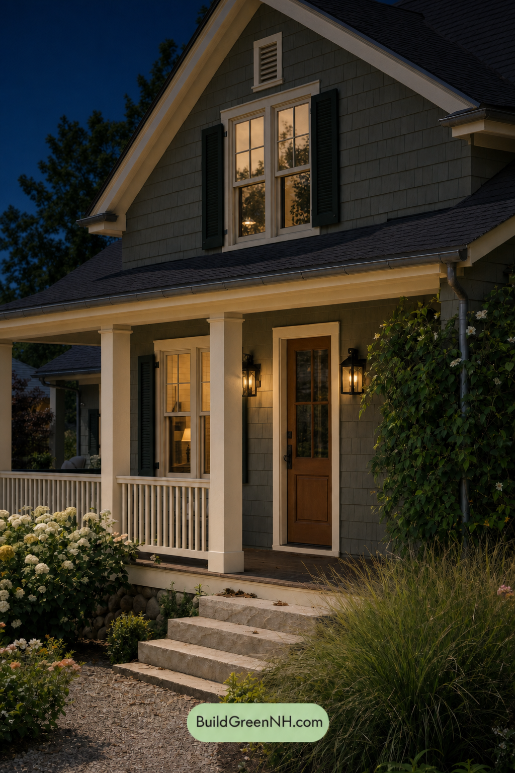 Earthy Green Cottage House Exterior Color Scheme: Lichen Almond Light - Nighttime
