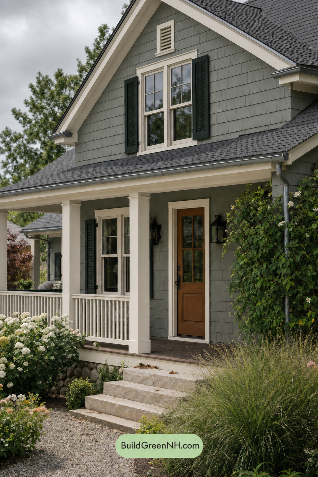 Earthy Green Cottage House Exterior Color Scheme: Lichen Almond Light - Overcast