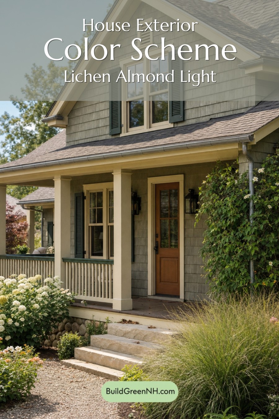 Earthy Green Cottage House Exterior Color Scheme: Lichen Almond Light