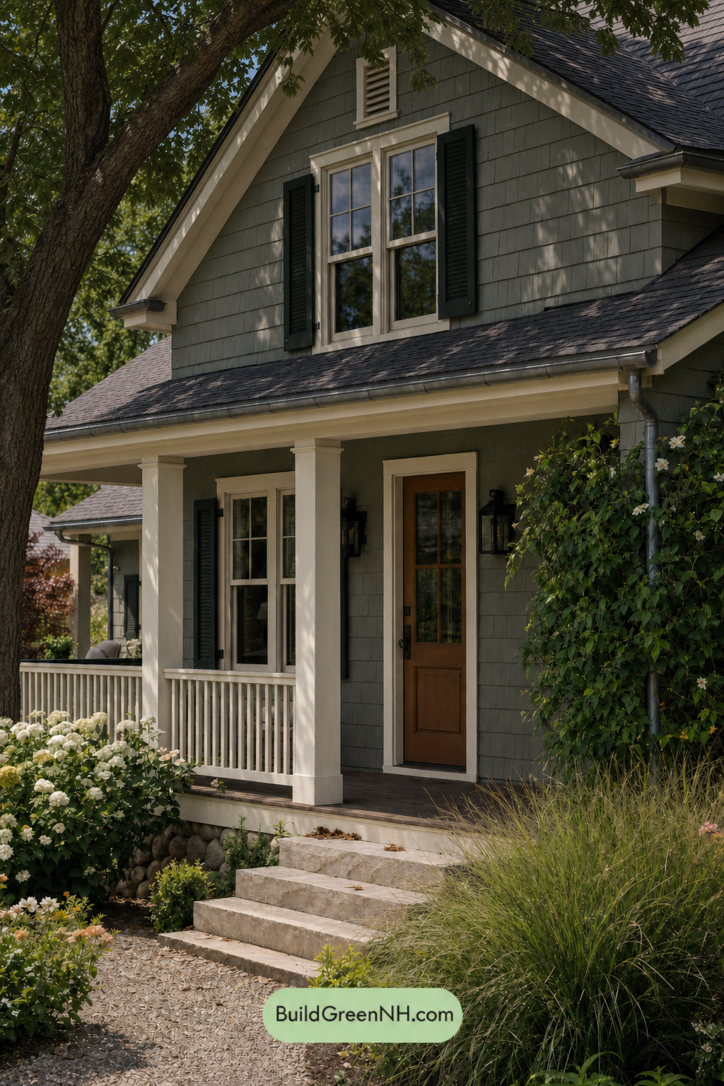 Earthy Green Cottage House Exterior Color Scheme: Lichen Almond Light - Shade